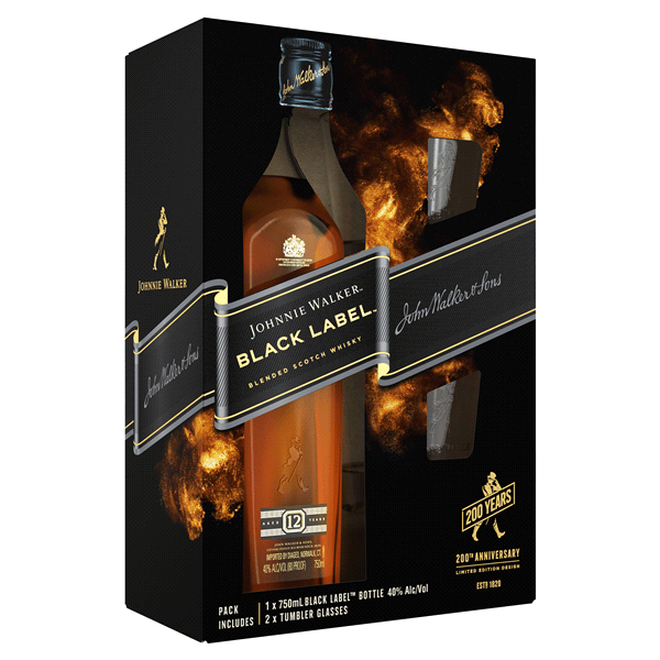 Scotch Whisky Johnnie Walker Black Label Gift Set + 2 Tumbler Glasses 750ml LP Wines & Liquors