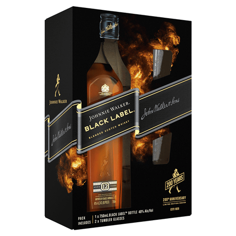 Scotch Whisky Johnnie Walker Black Label Gift Set + 2 Tumbler Glasses 750ml LP Wines & Liquors