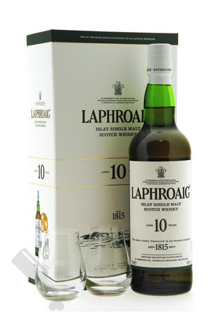 Scotch Whisky Laphroaig Scotch Whiskey 10 Years 750ml Gift Set + 2 Exclusive Laphroaig Dram Glasses LP Wines & Liquors